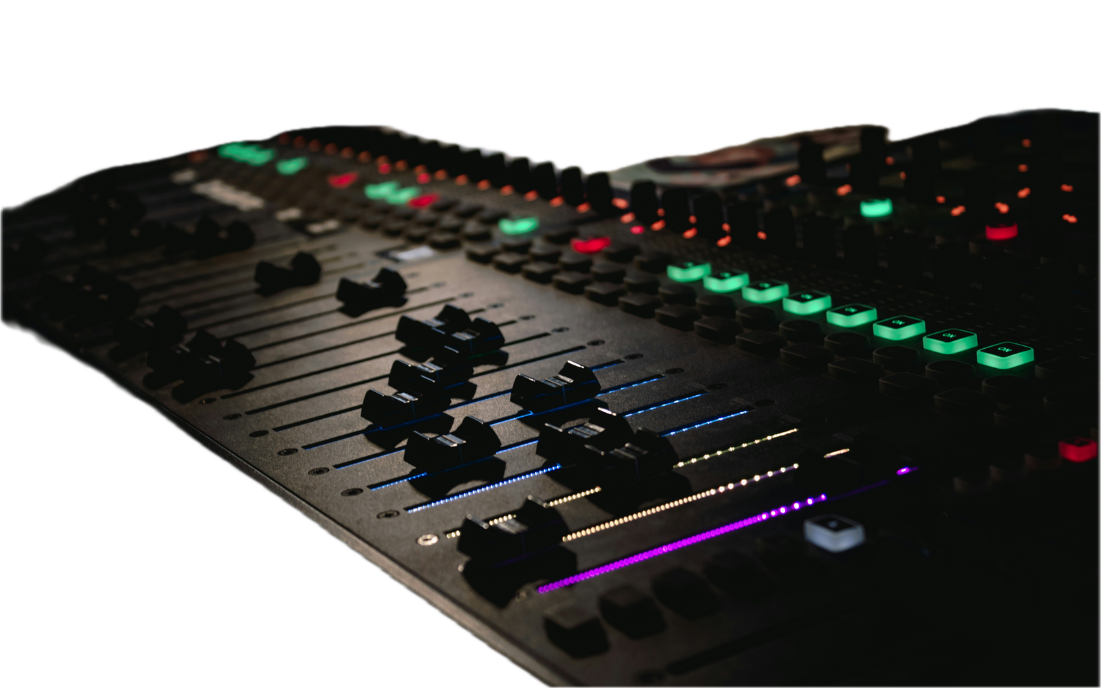 Close-up of a studio mixing console with illuminated faders