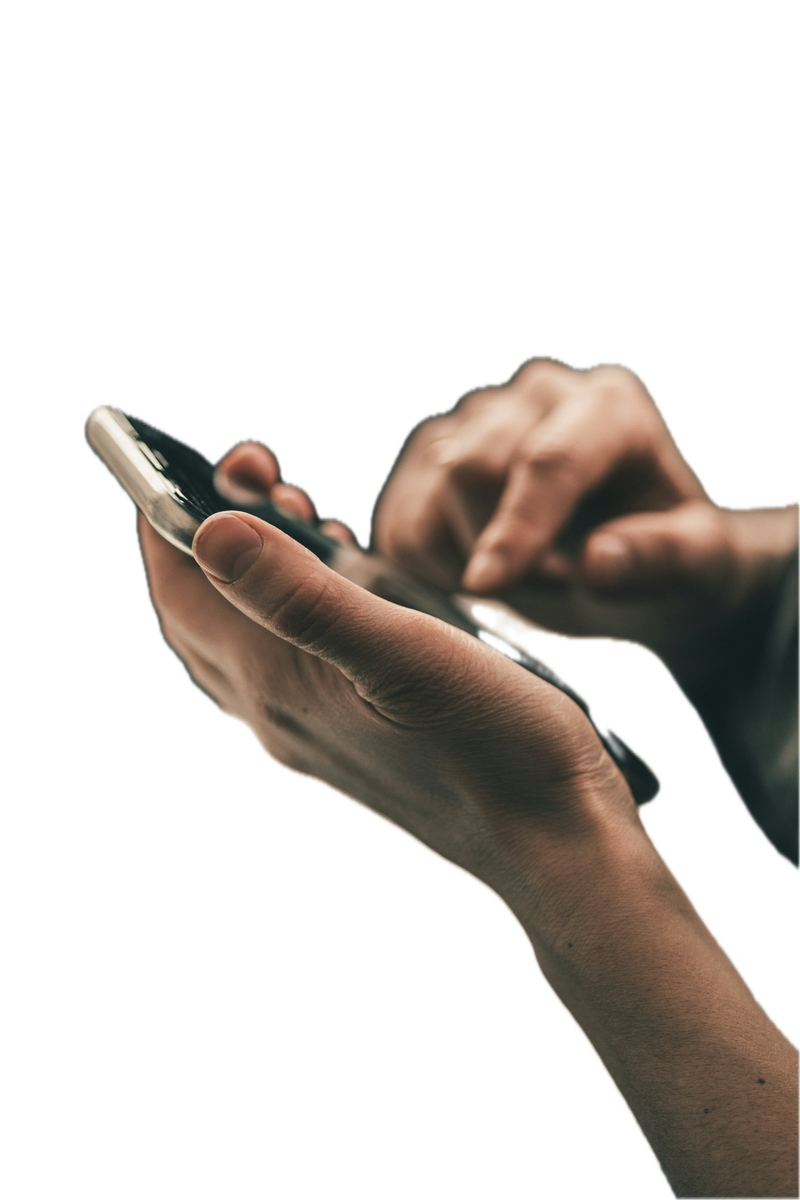 Cutout of two hands holding and typing on a smartphone